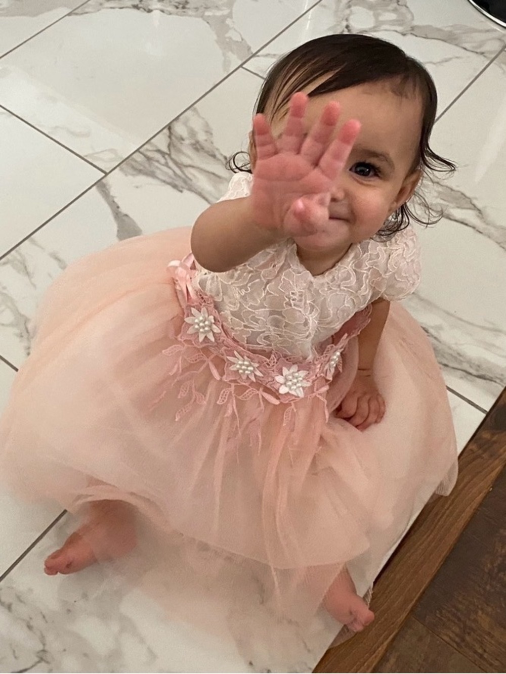 Pink Lace & Tulle Baby Dress with Floral Appliqué